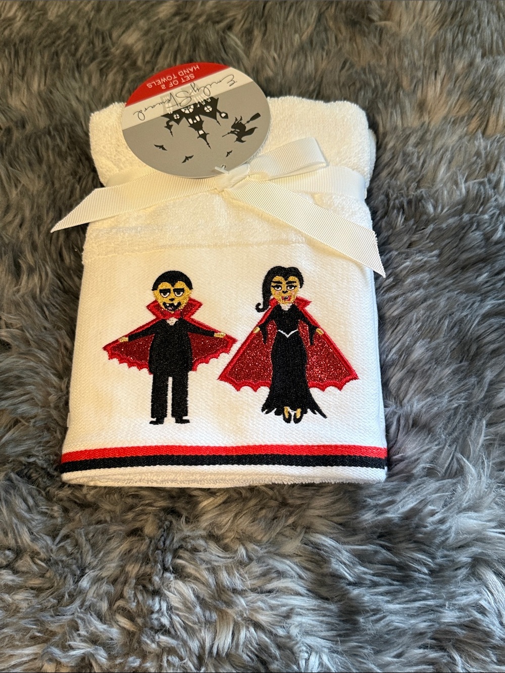 White Halloween Hand Towel with Red & Black Vampire Embroidery
